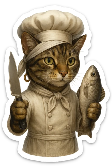 Make the cat chef normal cat colors, but keep the earring gold. The cat is holding a knife and a fish, wearing a bandana, with no background. Maintain the original style and details as much as possible. sticker