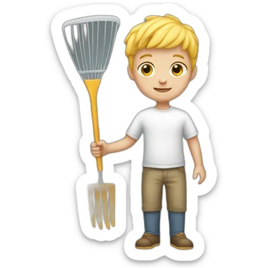 white kid holding a rake sticker