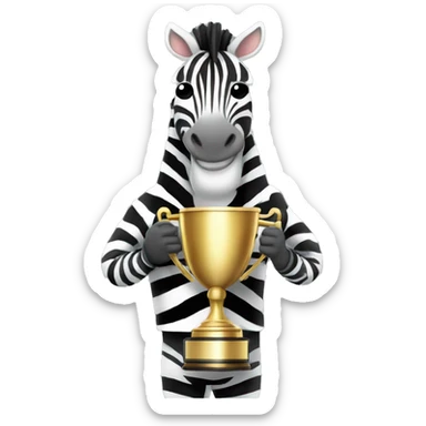 Zebra holding a large trophy cup, standing proudly like a champion. sticker