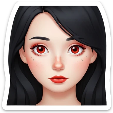 girl with long black hair, soft makeup, and red freckles across her cheeks sticker