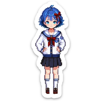 Pixel art anime girl with short bright blue hair wearing Japanese sailor style school uniform, standing with hand on hip but shyly glancing down with a small blush, small timid wave, very shy sticker