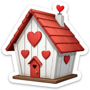 a birdhouse with a red roof with the rest white and a heart at the top but below the roof sticker