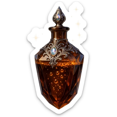 luxurious crystal elixir bottle in coffee bottle shape, rich coffee brown color, bubbling effect inside, ornate silver and iridescent details, magical glowing and sparkling effects, very small neck, seamless bottom, transparent background, bottle clearly floating in air, no base or shadow, modern, collection style sticker