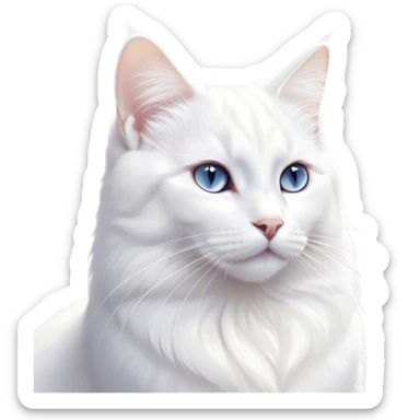 Cinematic Noble White Cat Portrait Emoji, Poised and stately, with a pristine, snow-white fur accented by delicate hints of silver, refined whiskers and a serene, focused gaze, simplified yet impeccably detailed, glowing with an ethereal radiance and timeless elegance, high shine, exuding calm intelligence and regal simplicity, soft glowing outline, capturing the essence of a noble white cat that radiates quiet majesty! sticker