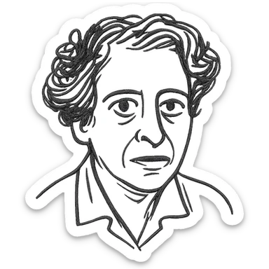 a hand drawn black outline portrait of Hannah Arendt with similar size eyes based a famous photograph of her sticker