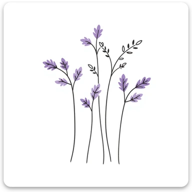 Lilac flowers with branches and leaves in pastel colors (dd9fb0, ffc6d3, a3bfc9, c4bee2, f1b091), hand-drawn doodle style sticker