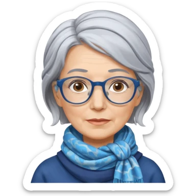 Older woman, shoulder length gray hair, wearing a scarf tied behind head, marbled blue rectangular glasses  sticker