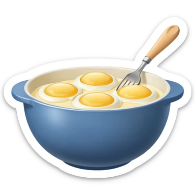 mixing bowl with uncracked eggs and butter sticker