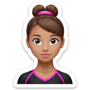A female gymnast with brown hair in a neat bun, wearing a black uniform with neon pink elements. sticker