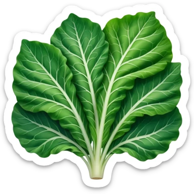 single chard leaf with broad vibrant green blades and thick white rib running down the center, slightly crinkled matte texture, natural curves, visible veins, no bunch soil or extras, soft lighting, subtle shadows, emoji scale sticker