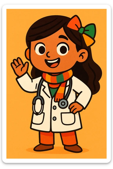 cute Mexican doctor girl, waving, stethoscope around neck, wearing white coat, bright scarf, cartoon style sticker