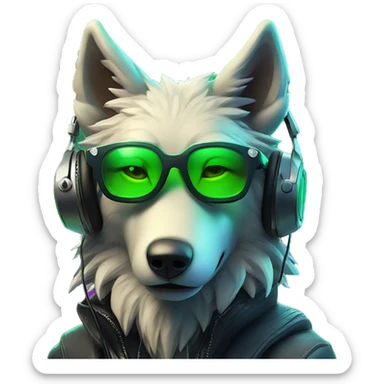 A beautiful cyberpunk Wolf on neon green lights around wearing sunglass and headphones sticker