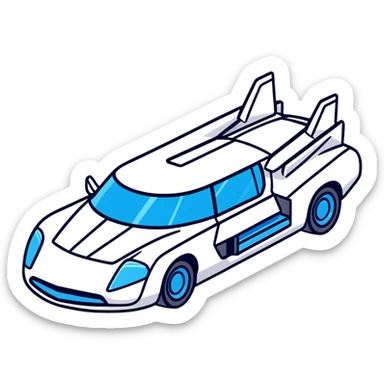 Retro-futuristic hover car inspired by the DeLorean, gullwing doors, silver metallic body with blue-tinted windows, stylized jet boosters in the back, flat vector style, outlined shapes, minimal design sticker