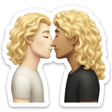 pale man with long blonde hair kissing a tan man with curly black hair sticker