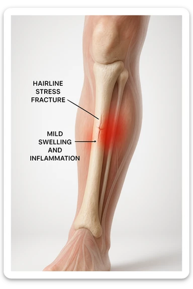 3D realistic medical illustration: a close-up of a human lower leg (tibia), showing the bone with a visible hairline stress fracture. The surrounding soft tissue is semi-transparent, highlighting mild swelling and inflammation. Educational labels point to the fracture site. The background is clean and clinical, with a subtle gradient. sticker