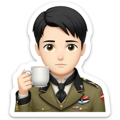 Levi Ackerman drinking tea, with black undercut hair, Scout Regiment uniform and cravat sticker
