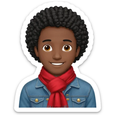 black skin man, curly black hair wear red scraft, jean jacket sticker