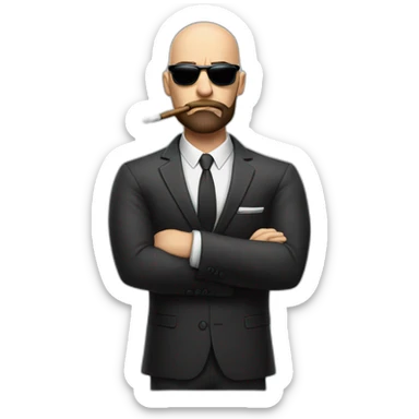 Bald muscular man with brown beard and sunglasses smoking cigar angry face in suit sticker