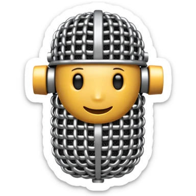 3D render of Microphone Head, made of interlocking chainmail metal rings, wire mesh texture, visible holes and negative space, metallic silver and grey, high contrast shadows, Apple emoji style, isolated on white background --v 6.0. sticker