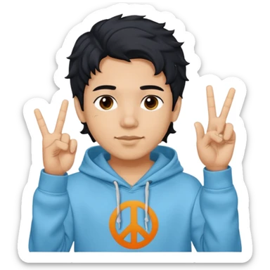An indian boy in a light blue hoodie with wavy flow hairstyle showing peace sign, with black hair color sticker