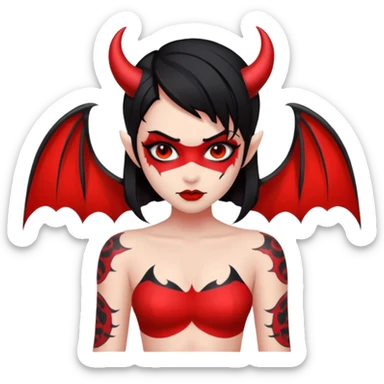 Demon girl: red skin, black hair, small horns, bat wing; tattoo-flash comic style; red/black palette; bold outlines; dark background; no text. sticker