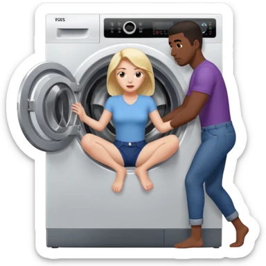 Eine Frau steckt bis zum Bauch in einer Waschmaschine fest und nur die Beine gucken raus und zwei schwarze männer ziehen an ihren Beinen um sie raus zu holen  sticker