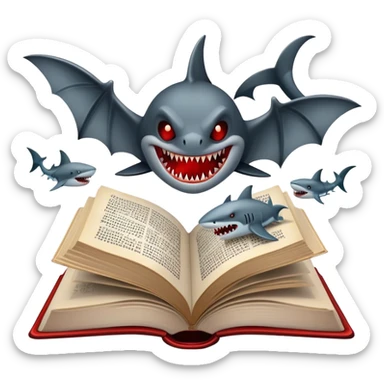 Icon for Horror & Mystery Reading: an open book with eerie glowing symbols, from which rise vampire Dracula with fangs, flying bats, a zombie hand, and a lurking shark with sharp teeth. Surrounding elements. Transparent background. sticker