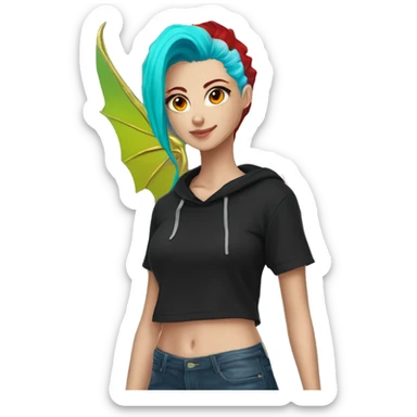 Lady with brunette and iridescent blue hair, gold, lime green dragon wings, black hoodie, bleach dyed, black and gold Nike t shirt, and bright red eyes sticker
