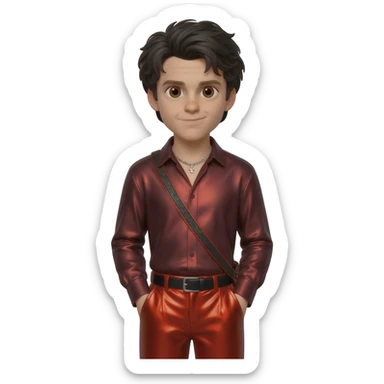 Ezra Miller with brown eyes, black long hair, dark red metallic shirt, red metallic baggy pants, silver necklace sticker