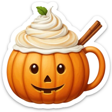 Round pumpkin-shaped mug with whipped cream swirl and one cinnamon stick, warm orange and cream tones. sticker