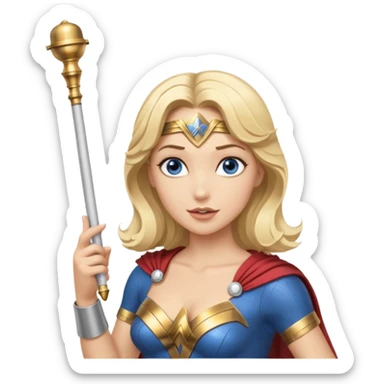 Blonde blue eyed Wonder Woman holding white orchestra conductor’s baton and bell  sticker