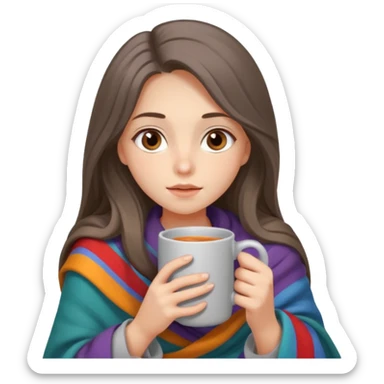 Brown-eyed, fair-skinned girl with long hair down to her shoulders, wrapped in a gray blanket, drinking from a New Year's mug sticker