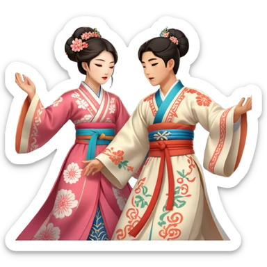 Cinematic Realistic scene of two performers engaging in Ganggangsullae, dressed in traditional Korean costumes with intricate patterns and graceful movements, illuminated by soft, festive lighting that accentuates the cultural ambiance sticker