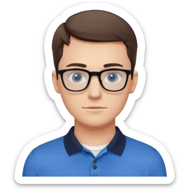 Young white man, late 20s, short brown hair, blue eyes, clean-shaven, thin black rectangular glasses, slim build, wearing a blue polo shirt, friendly and energetic look. sticker