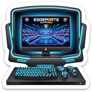 An icon featuring a gaming monitor displaying an intense esports competition, with players' hands on controllers and keyboards. A digital scoreboard and glowing energy lines surround the scene, symbolizing the excitement of competitive gaming. Transparent background highlights the world of esports. sticker