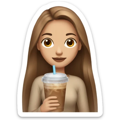 Beautiful woman, straight long light brown hair, brown eyes, cozy holding an iced coffee sticker