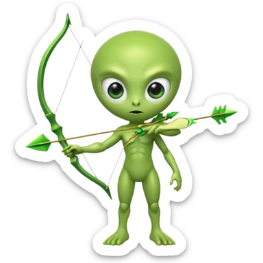 3D emoji-style green alien holding a bow and arrow, glossy texture, smooth skin, large expressive eyes, small humanoid body, minimalist background, soft lighting, Pixar-style rendering, high detail, cute but slightly serious expression, clean centered composition. sticker