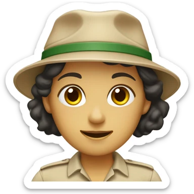 female zookeeper, wearing a plain beige shirt and a plain dark cap. on the beige shirt, there is a small logo, that looks like a yellow square with a dark green border with a happy face sticker