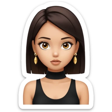 generate a pretty bratz girl in black cami top, dark brown straight short hair, eyeliner on. dark brown eyes. Wearing a white sleeveless turtleneck, gold stud earrings sticker