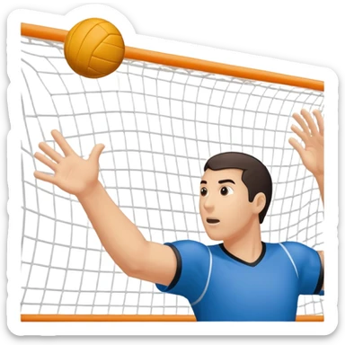 A handball thrown towards the goal by close-up hand, with the goalposts and court lines in the background. The scene captures the power and precision of the throw, with the net of the goal in focus, emphasizing the dynamic action of the sport. sticker