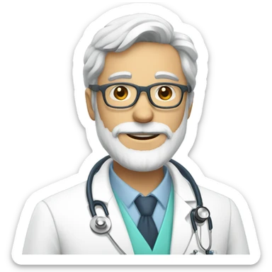 doctor with glasses, gray beard with white coat and stethoscope sticker