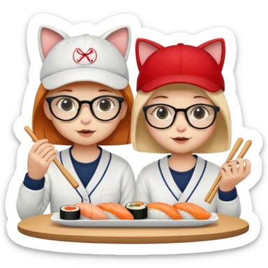 cute girl cat wearing glasses and a cute boy cat wearing a baseball cap eating sushi together sticker