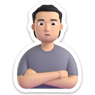 Asian man in a gray shirt with a frown sticker