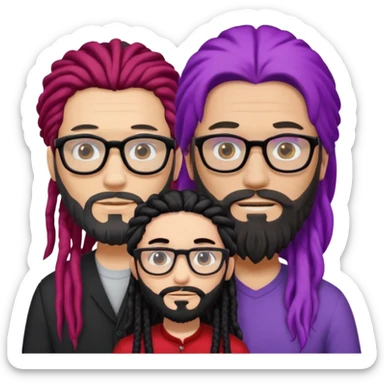 Man with long hair, glasses and Beard, next to man in black dreadlocks with red accent, woman in glasses with violet and black hair in the middle sticker