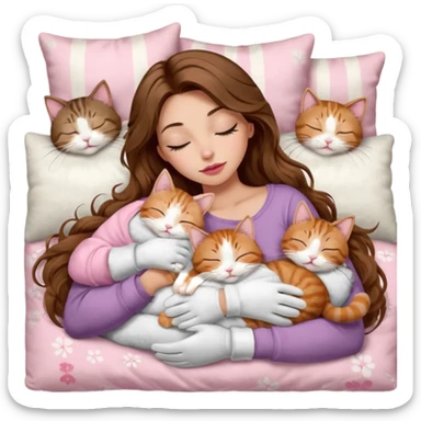 girl with long wavy brown hair, brown eyes, long lashes makeup, sexy pink lips, light to medium complexion,  sleeping on a cozy pillow, with 6 cats: 1 brown and white tabby cat, 1 ginger and white, 2 grey and white, 1 grey with white mittens and small white patch on chest and 1 calico, sleeping sticker