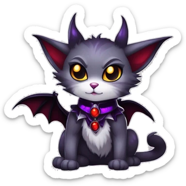 Anthro-Cute-Edgy-Cool-Vampiric-Batty-Cat-Black-Purple-Red-Grey-White-Yellow-Contrast-Colors-Fantasy-Fur-Sona-Chibi-Shiny-Fakémon-Hybrid with horns and fangs and collar full body sticker