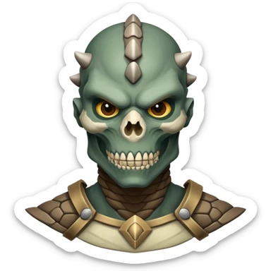 The face of a monstrous, reptilian human fighter with protruding skull and gray-brown skin sticker