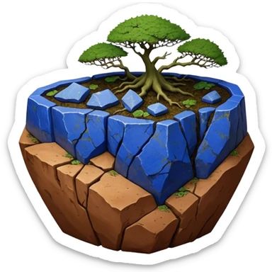 Aged two toned lapis blue terracotta Roots Stoneware akadama moss on soil irregular angular Stone Age rocks cracked crags and broken rough edges forming a very short shallow flat Yixing forest pot sticker