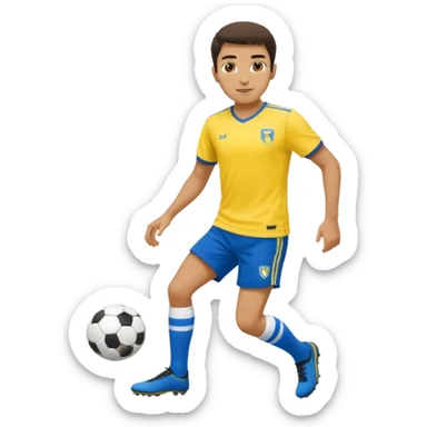 Persian soccer player in full soccer team kit with a yellow top, blue shorts and white socks, no soccer ball sticker