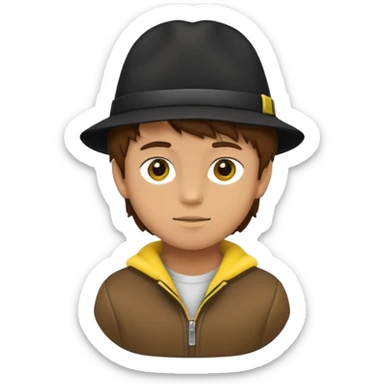 boy with fluffy brown hair wearing a black hat with yellow accents sticker